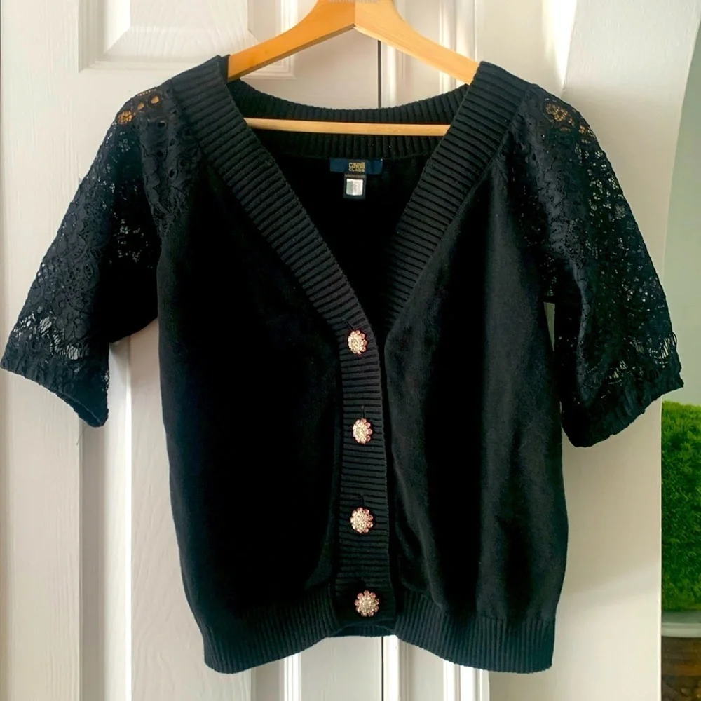 Roberto Cavalli Class Cardigan short sleeve sweater, Lace Rhinestone Black S - Picture 2 of 10